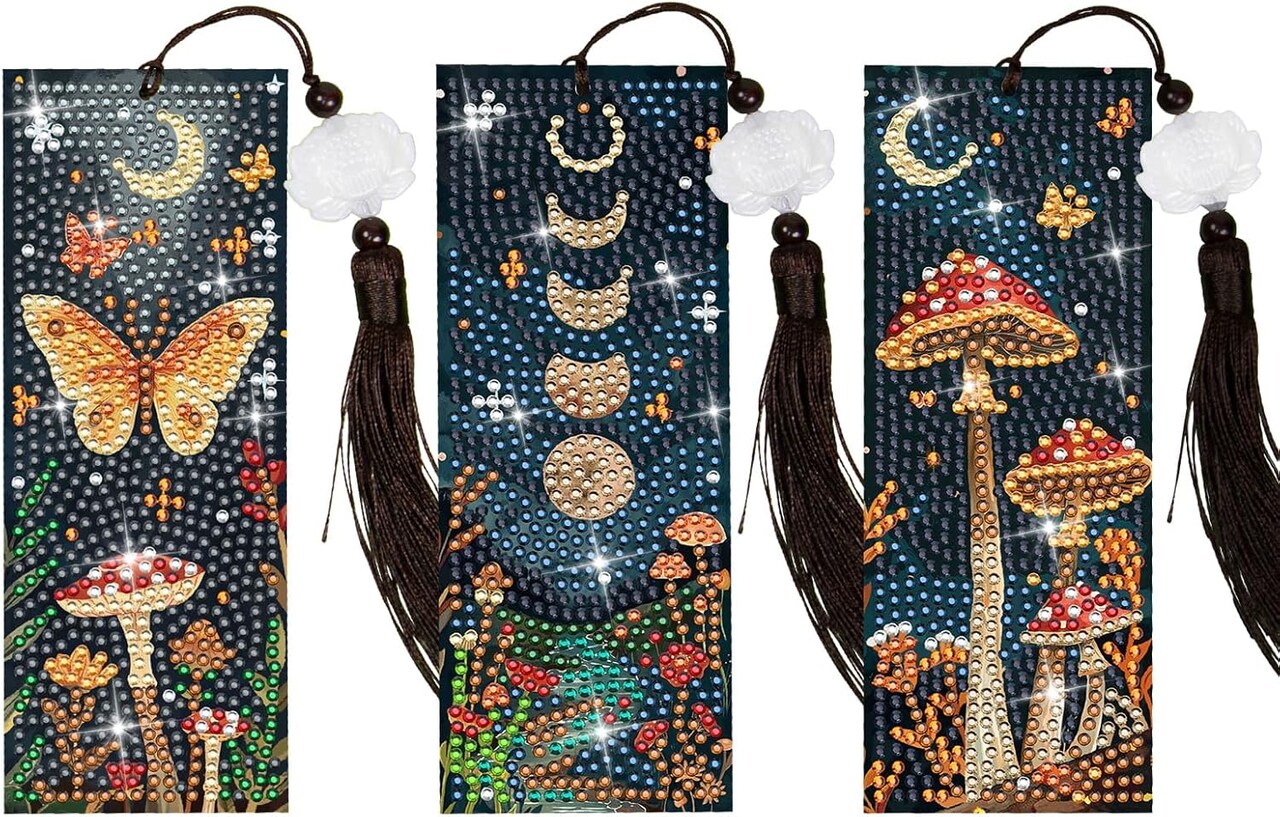 3Pcs Mushroom Diamond Art Bookmarks – DIY Leather Tassel Bookmarks for Adults, Perfect for Christmas, New Year, Graduation, and Birthday Gifts